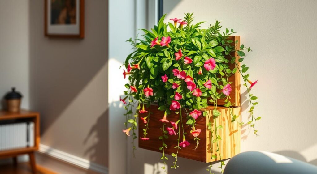 Jardim Vertical Vibrante com Flores Coloridas e Texturas Únicas - detalhe