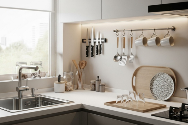 Cozinha Sempre Limpa com Ganchos e Barras Suspensas: Utensílios à Mão, Bancada Livre! - inspiração