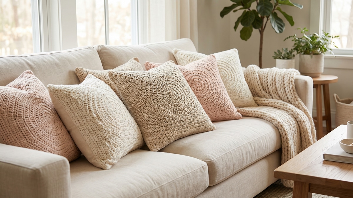 Sala Aconchegante com Almofadas de Crochê - ideia