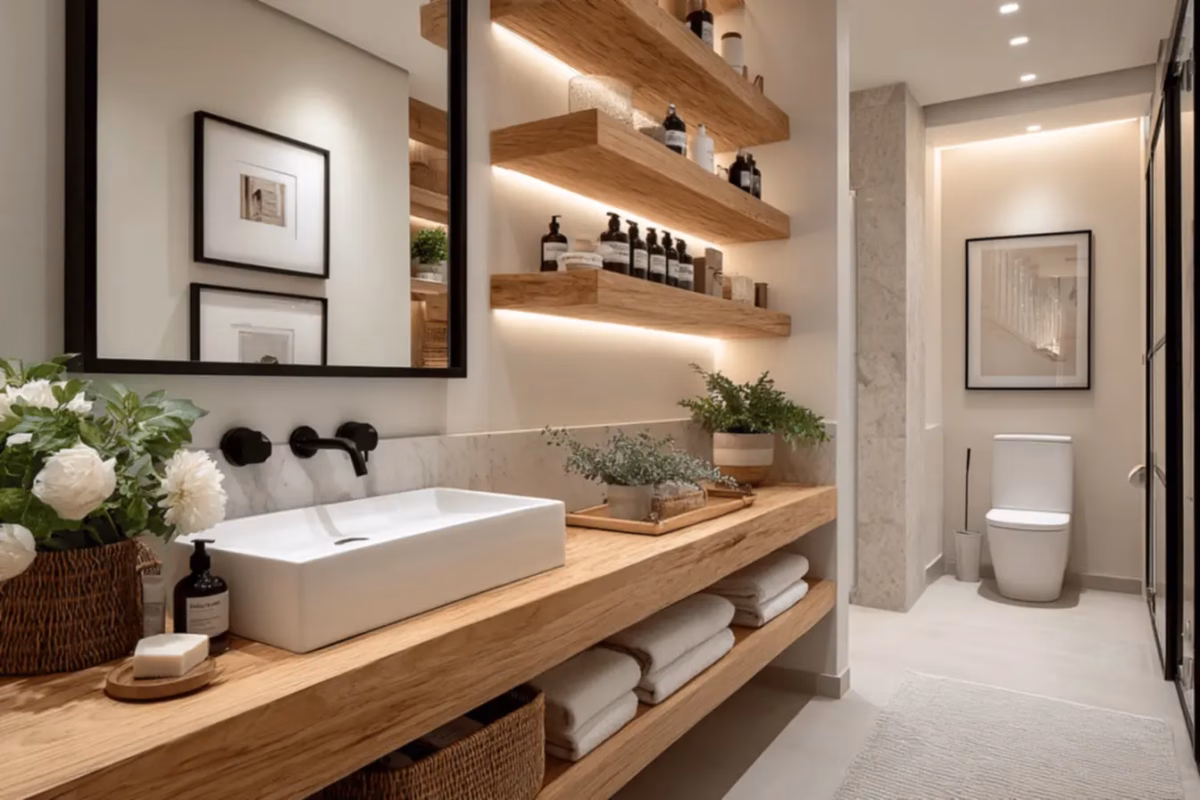 Prateleiras Flutuantes de Madeira Clara: Leveza e Amplitude Visual - detalhe