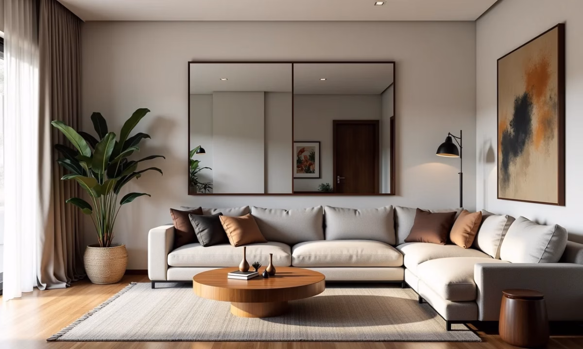 Sala 2x2 Minimalista com Espelhos para Ampliar e Iluminar - detalhe