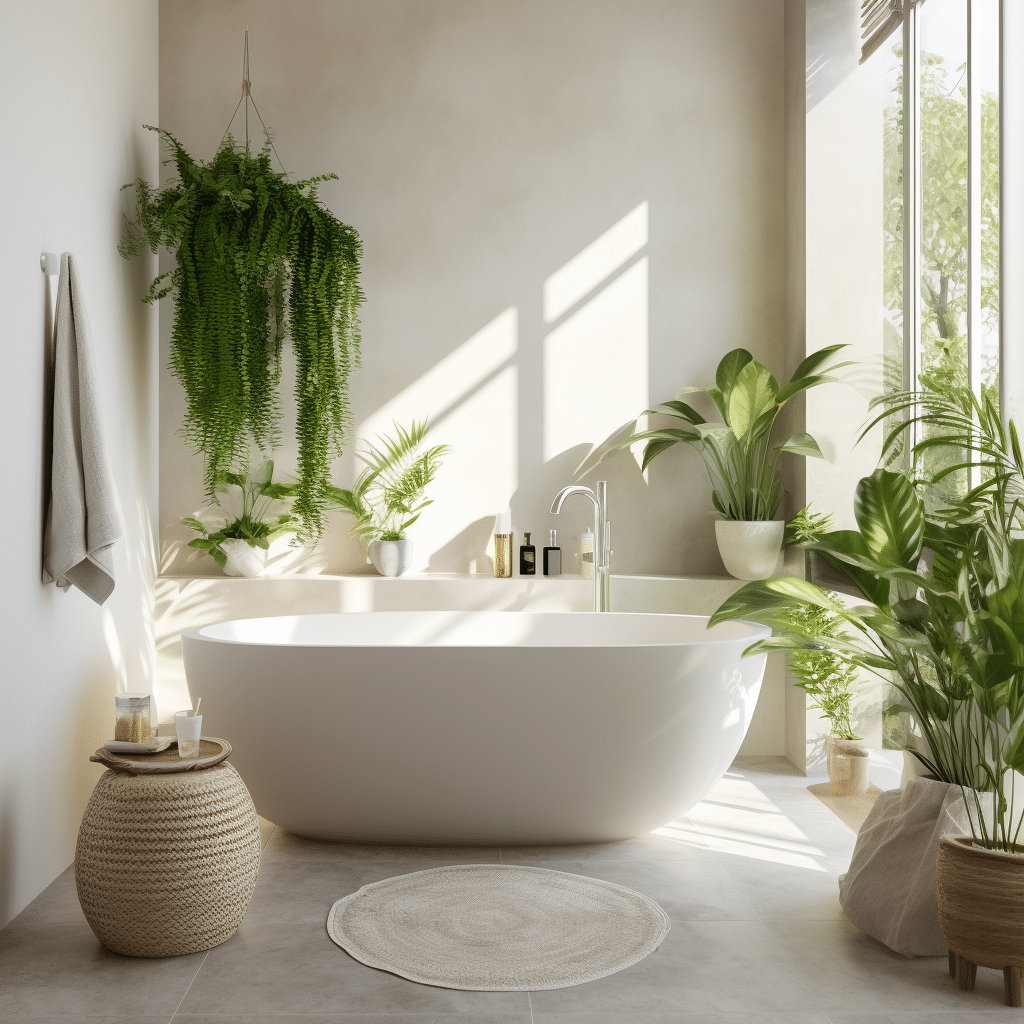 Banheiro Zen com Cestos de Vime e Plantas Suspensas - inspiração