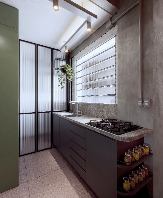 Cozinha Planejada Industrial: Concreto Aparente e Tubulações à Vista - ideia