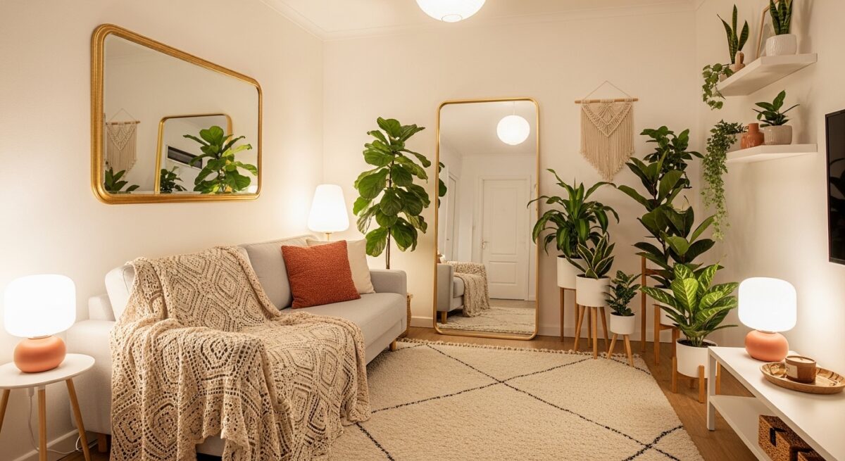 Mini-Sala com Espelhos Geométricos que Ampliam o Olhar - inspiração