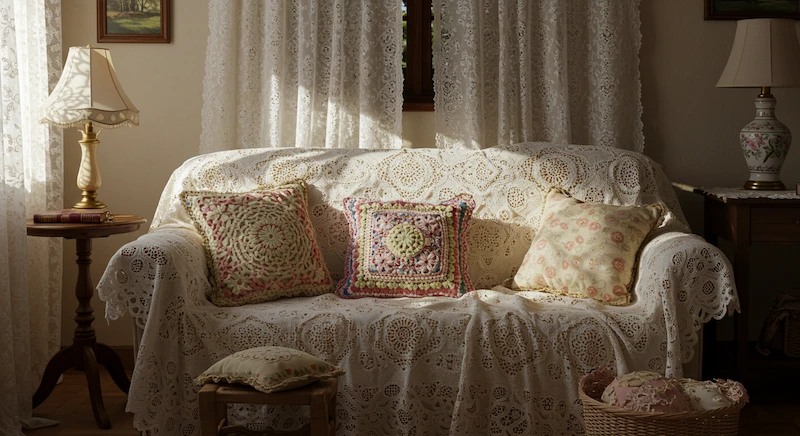 Sala Romântica com Cortinas de Renda e Quadros Vintage - ideia