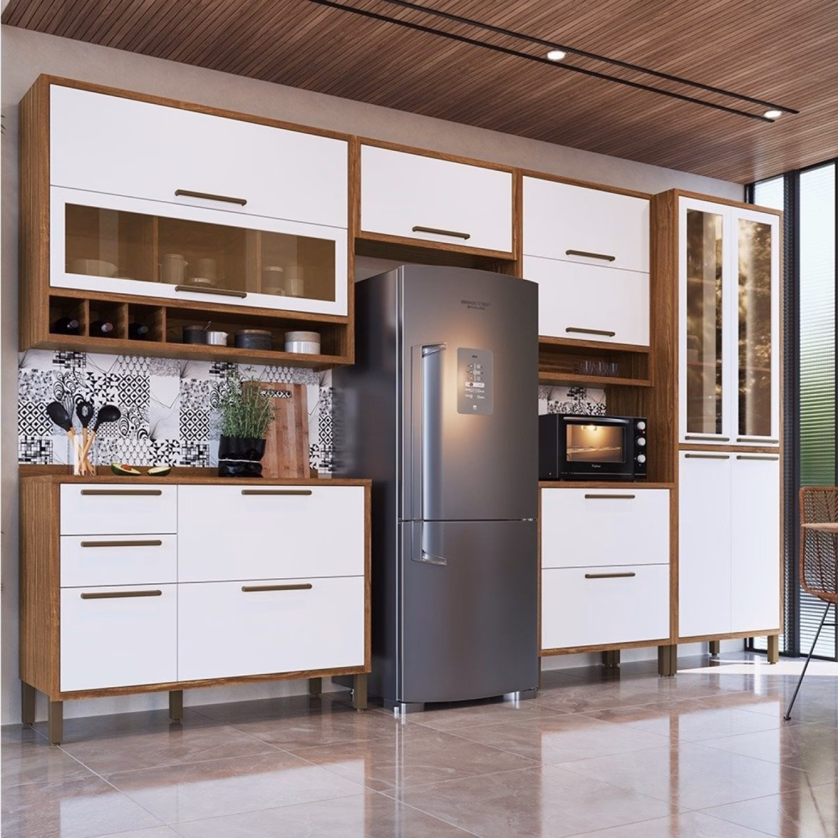 Armário de Cozinha em MDF com Portas de Vidro Serigrafado Floral: Toque Romântico! - detalhe