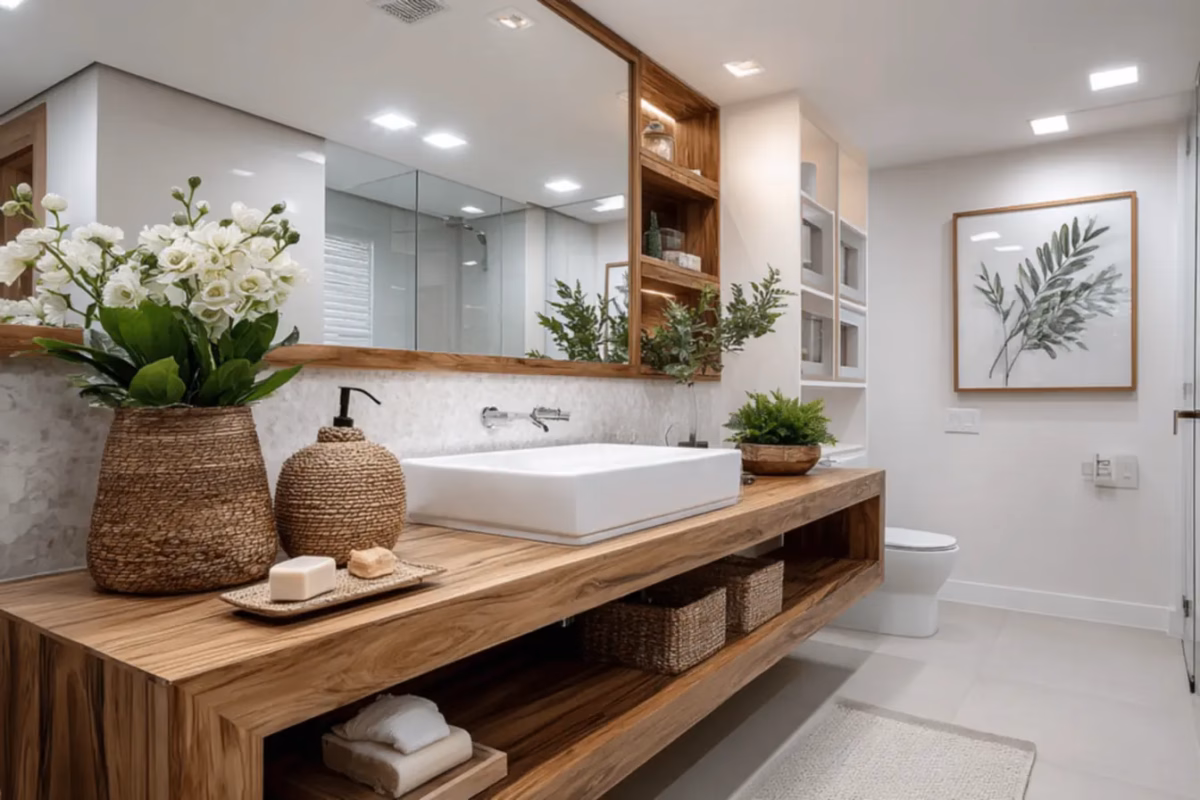 Prateleiras Flutuantes de Madeira Clara: Leveza e Amplitude Visual - ideia