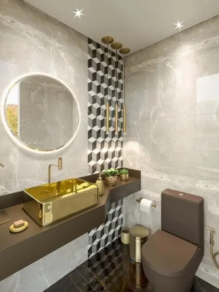 Elegância Compacta: Mármore Sintético, Espelhos Amplos e Detalhes em Dourado - detalhe