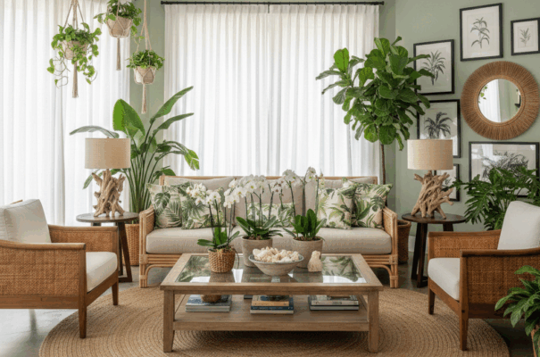 Refúgio Tropical Urbano com Plantas e Estampas Vibrantes - inspiração