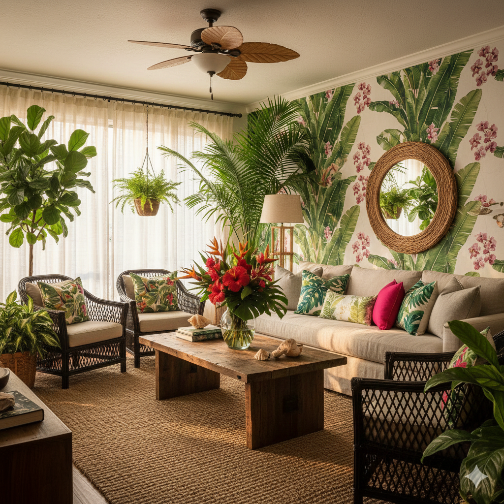 Refúgio Tropical Urbano com Plantas e Estampas Vibrantes - ideia