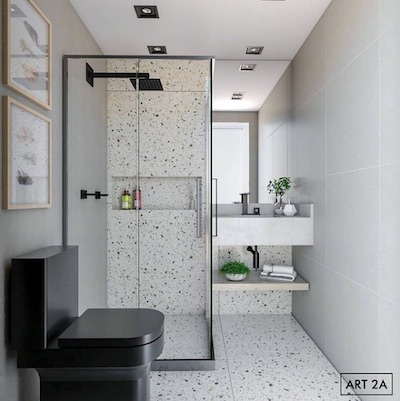 Banheiro Pequeno Clean e Moderno: Revestimento 3D e Iluminação Linear - ideia