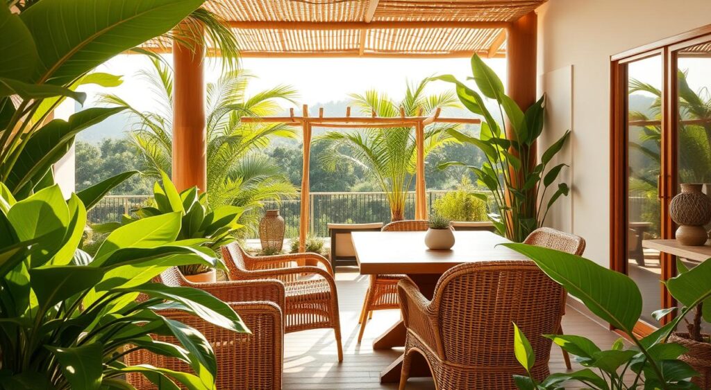 Refúgio Tropical com Folhagens e Cores Quentes - ideia