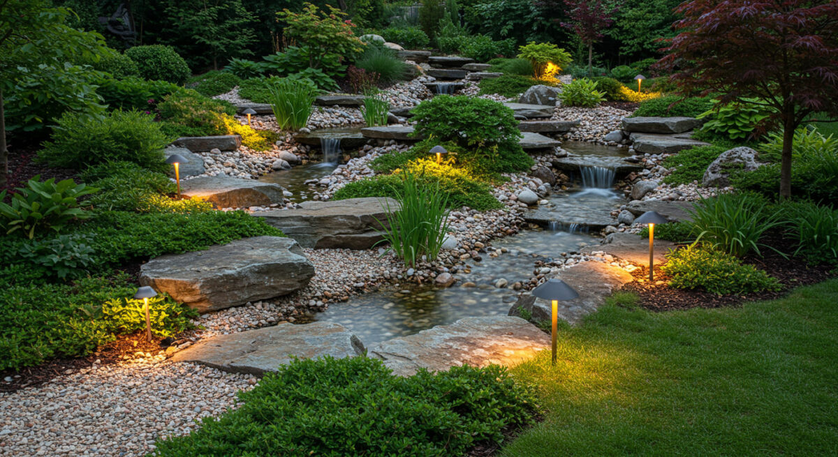 Com Seixos Grandes e Iluminação Embutida: Modernidade e Sofisticação Noturna - detalhe