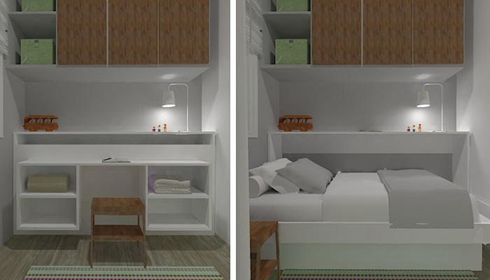 Quarto 2x2 com Prateleiras Modulares e Decoração Minimalista - inspiração