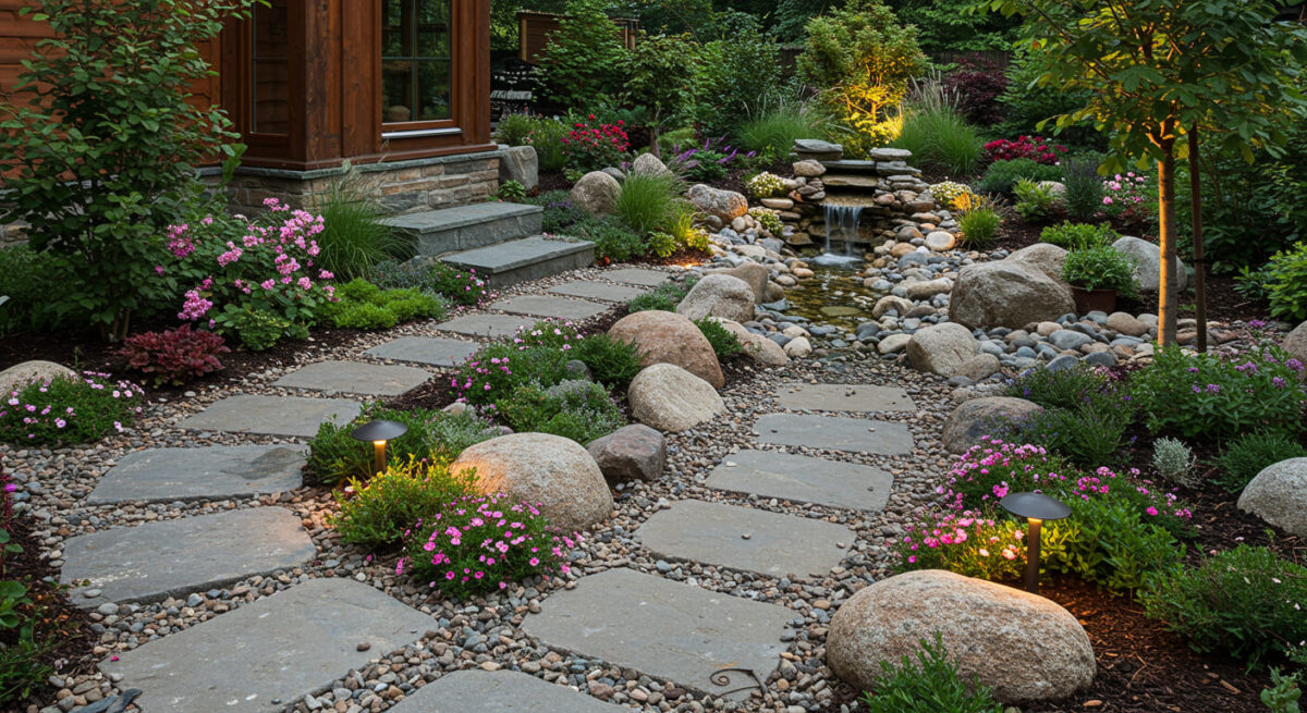 Com Seixos Grandes e Iluminação Embutida: Modernidade e Sofisticação Noturna - ideia