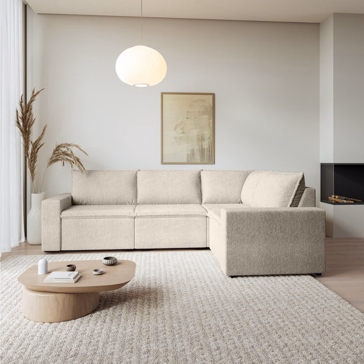 Sofá Modular com Detalhes em Madeira: Elegância Natural - ideia