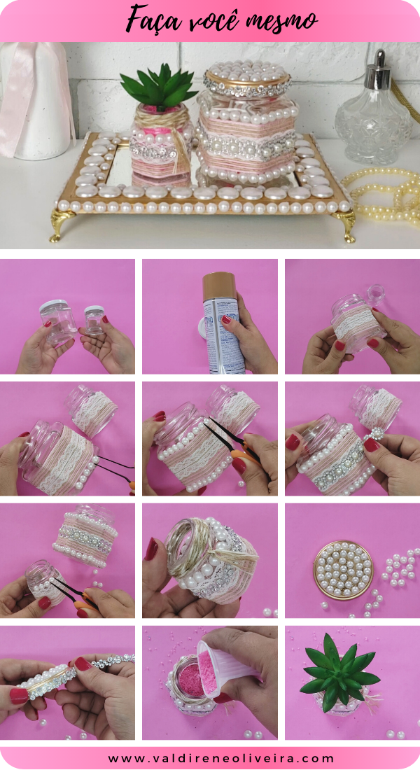 Potes de Vidro Decorados com Renda e Pérolas: Um Toque Romântico - ideia