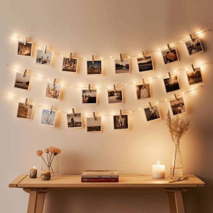 Sala Aconchegante com Varal de Fotos Iluminado: Um Toque Nostálgico - inspiração