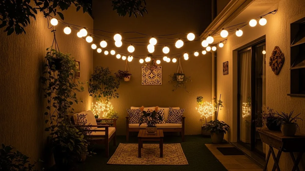 Sala Aconchegante com Varal de Fotos Iluminado: Um Toque Nostálgico - detalhe