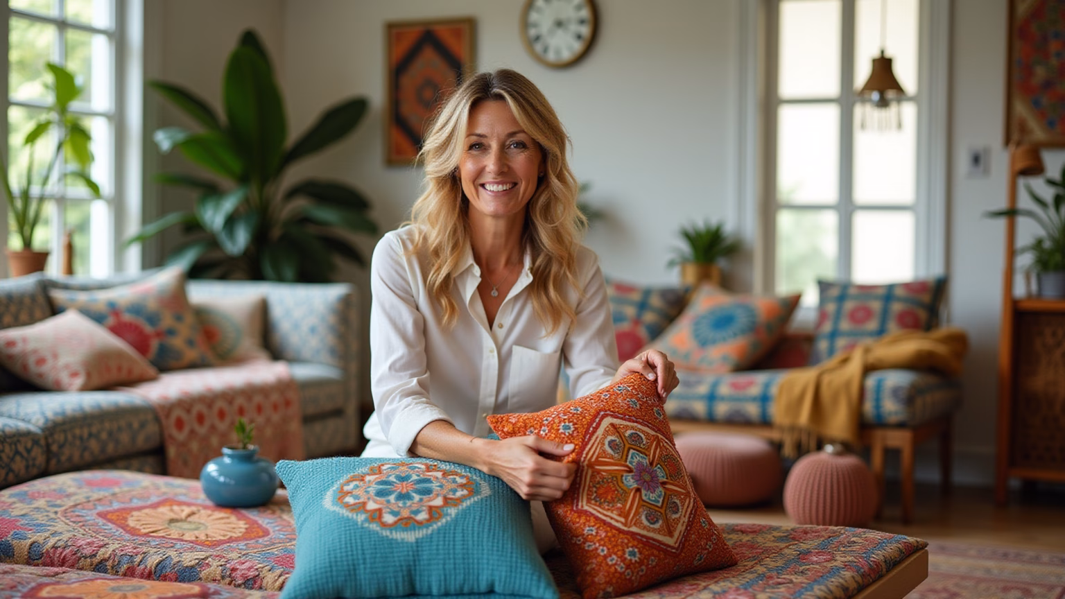 Sala de estar brasileira moderna e vibrante com decoração artesanal.