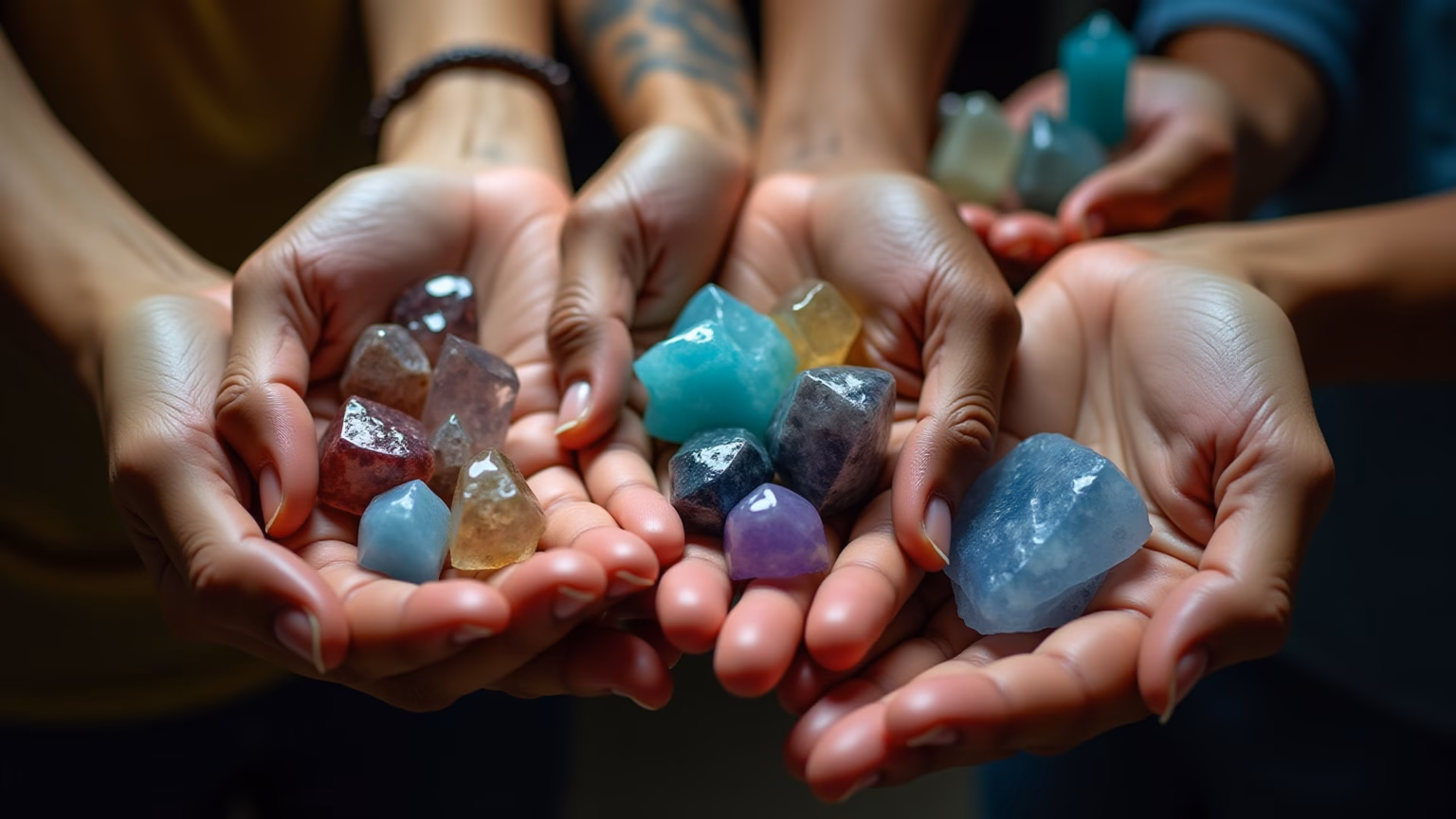 Mãos segurando pedras e cristais, alguns com imperfeições.