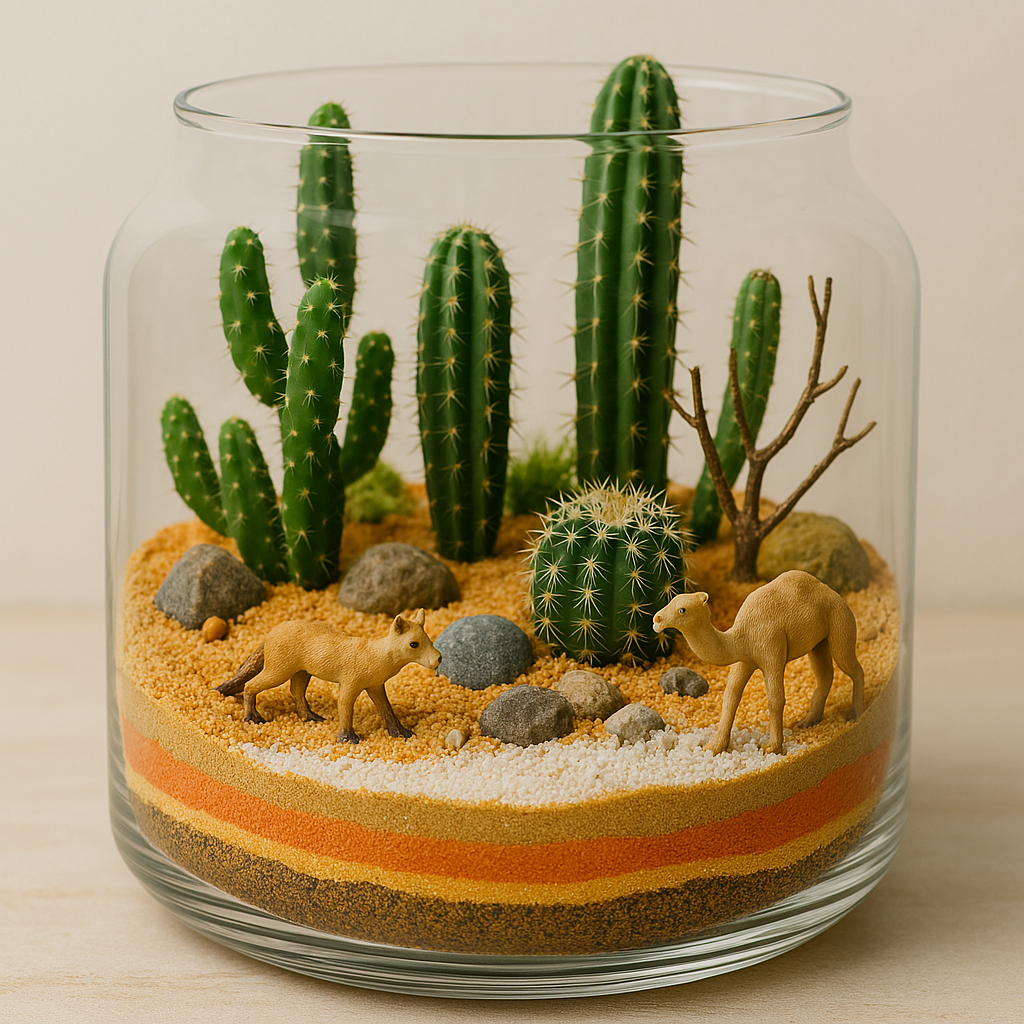 Terrário Fechado com Mini Cactos e Pedrinhas Brancas: Um Ecossistema em Miniatura que Dispensa Cuidados - ideia