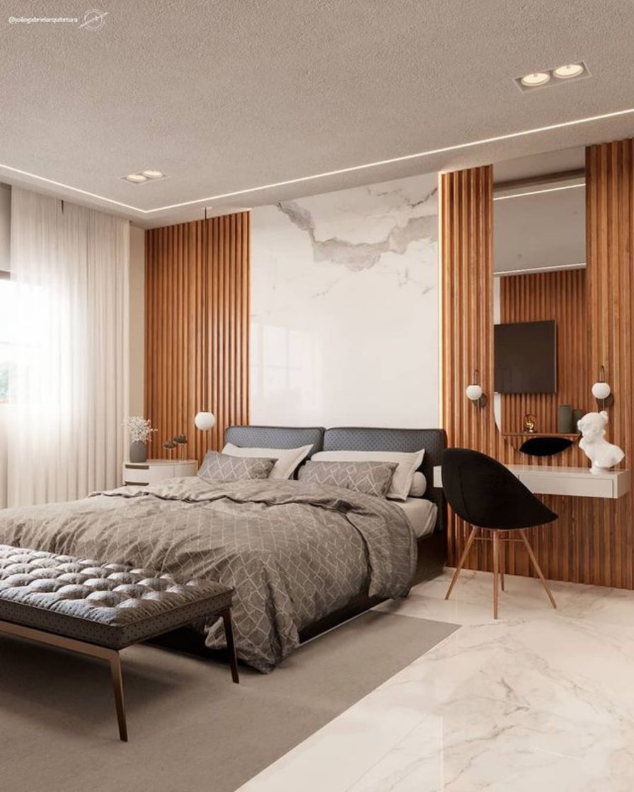 Quarto de Casal com Escritório Integrado em Painel Ripado: Elegância e Privacidade - inspiração