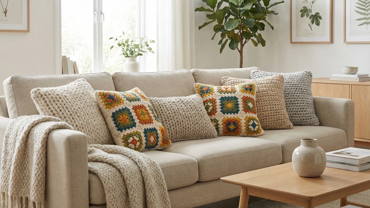 Sala Aconchegante com Almofadas de Crochê Vibrantes - inspiração
