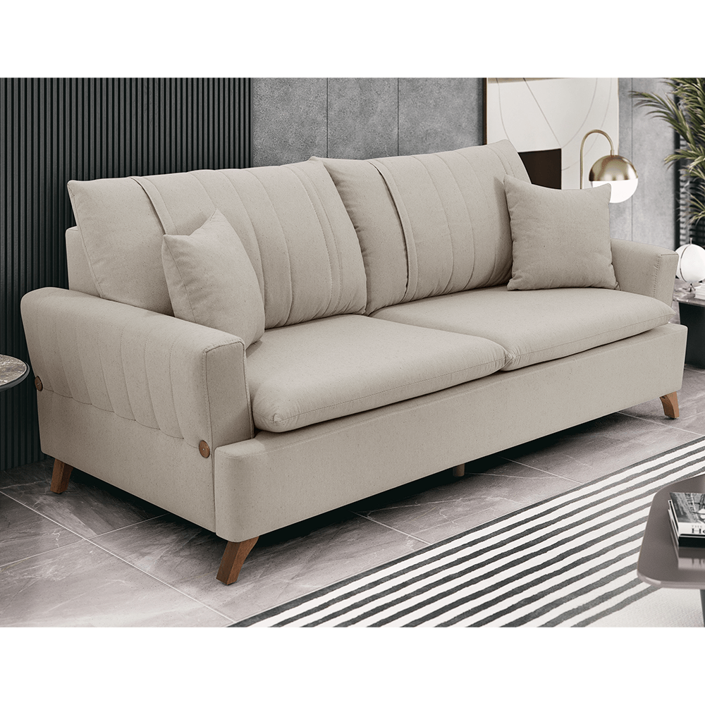 Sofá em Linho Natural com Detalhes em Madeira: Elegância Relaxante - detalhe